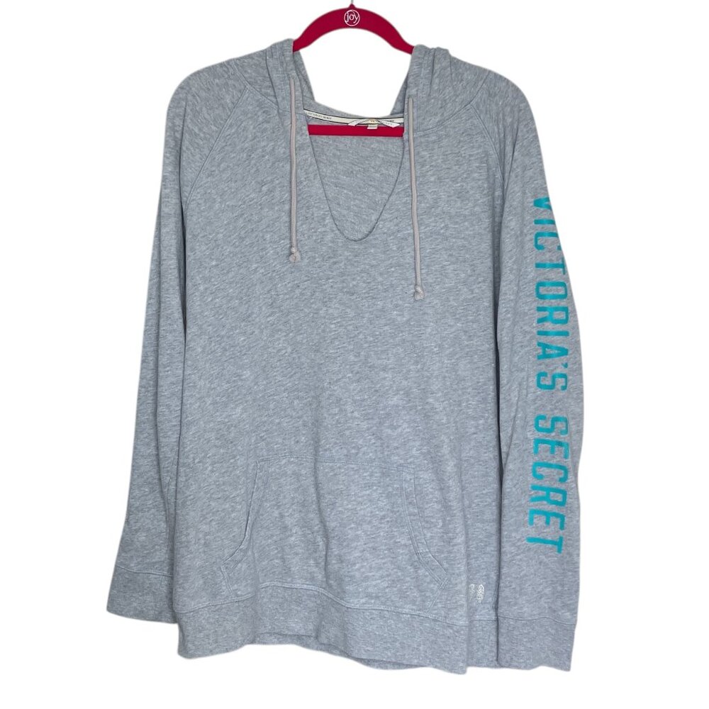 Victoria's Secret Large L Gray Blue VS Lightweight Logo V-Neck Hoodie Sweater